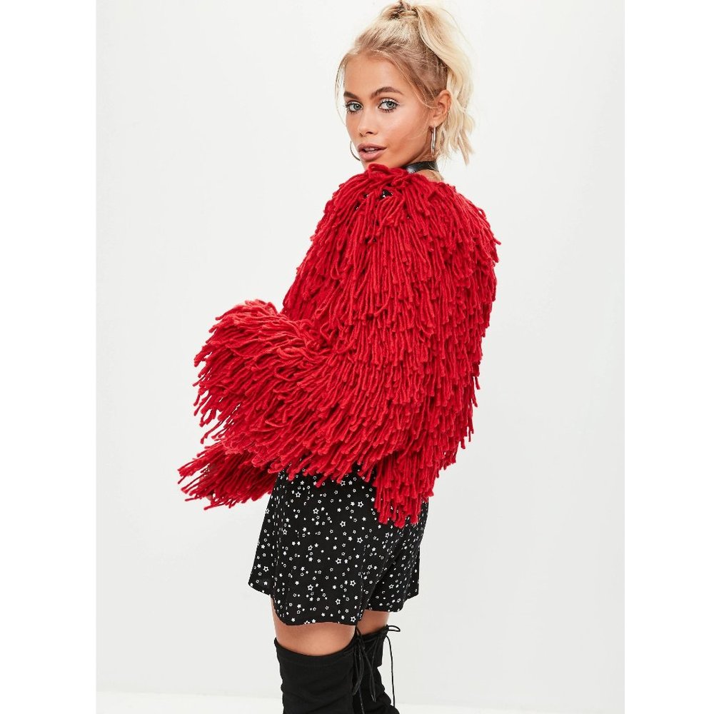 NASTY GAL Bad Romance Shaggy Fringe Cropped Cardigan Jacket in Red Sz M